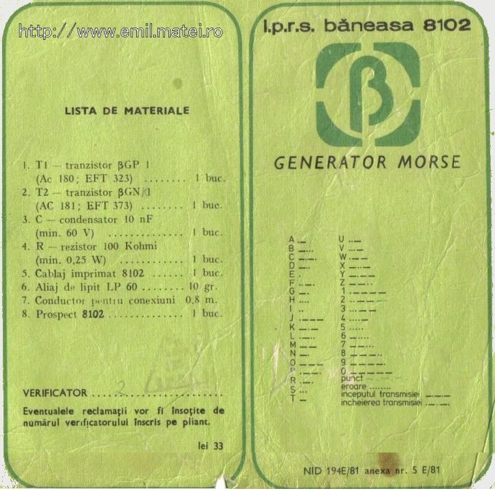 Kit 8102 - Generator Morse - Lista de materiale