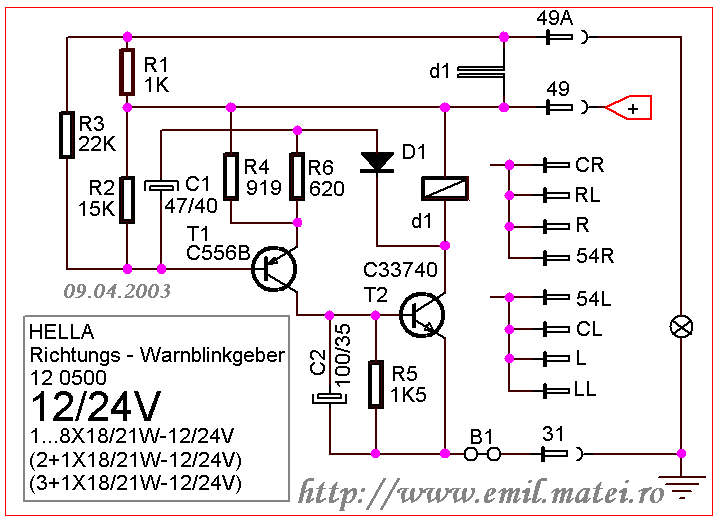 schema electrica releu semnalizare directie 12V/24V