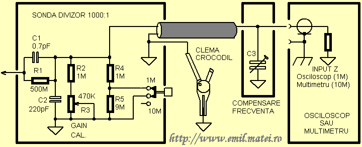 Schema electrica a sondei de inalta tensiune HP 1137A (HP 1137A High Voltage 1000:1 Divider Probe Schematic)